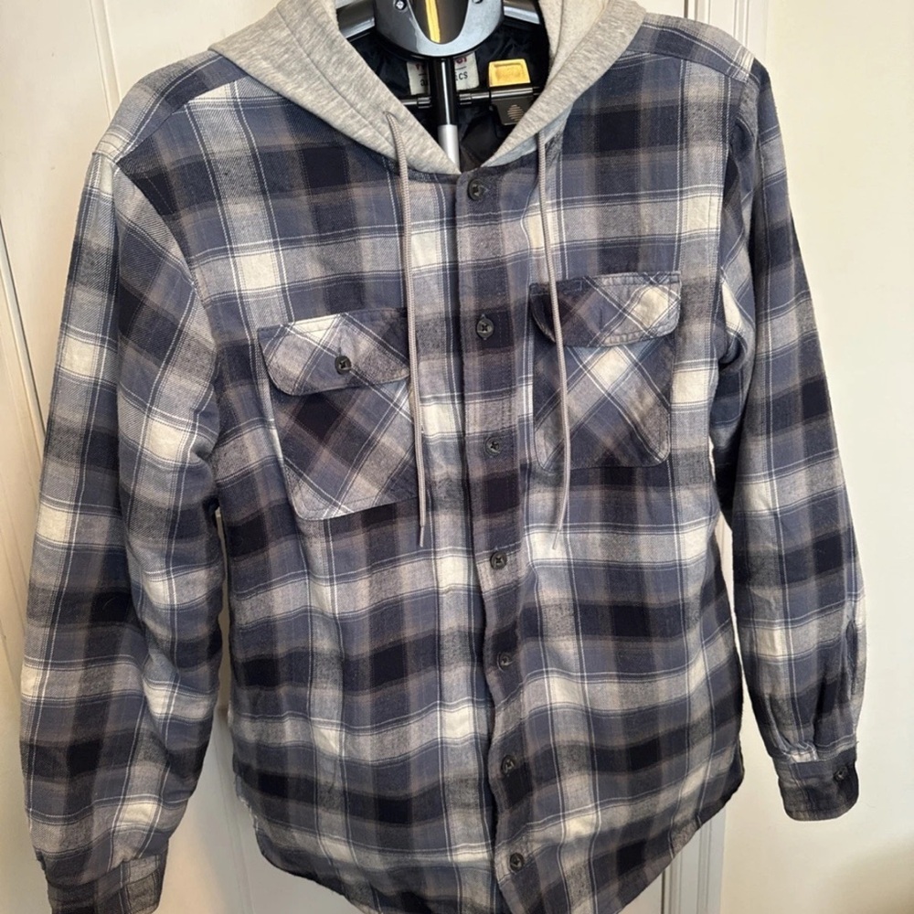 Wrangler Blue and Gray Plaid Lightweight Hooded Shirt Jacket